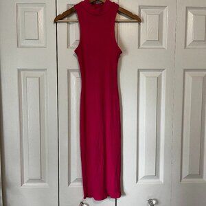 Hot Pink Midi Ribbed Bodycon Party Dress